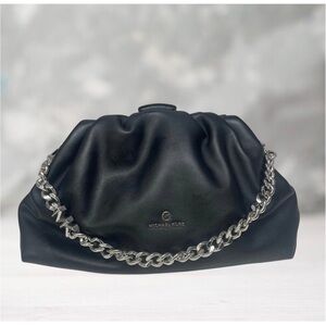 Michael Kors Nola XL Clutch Chain Shoulder Bag Black Plush Leather